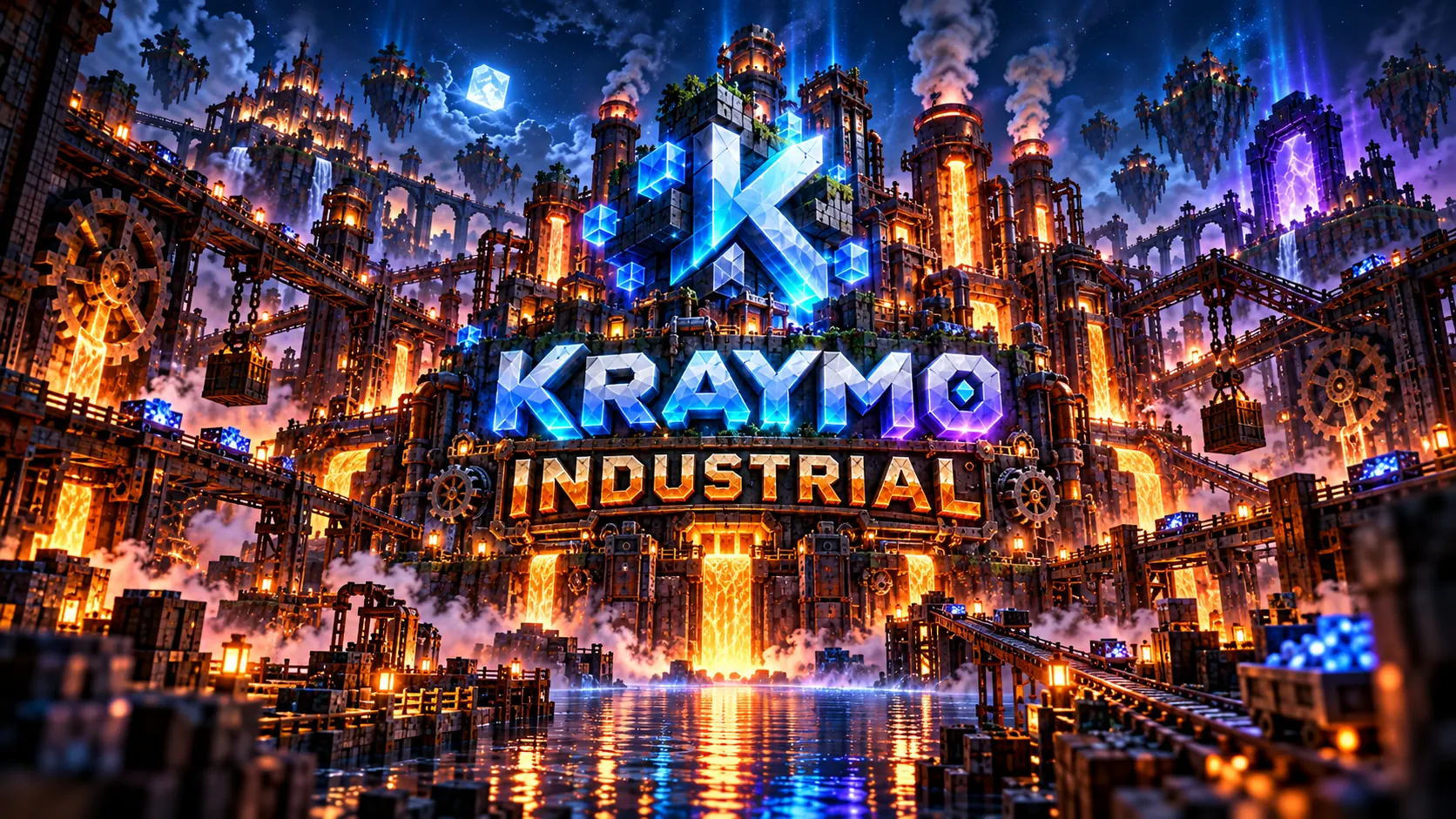 Voxel industrial castle, lava and blue crystalline K